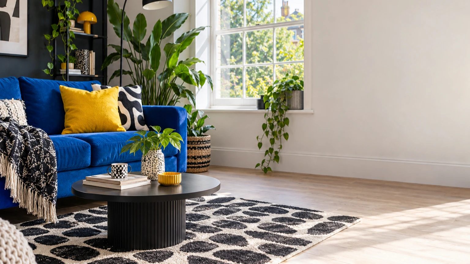 A bright living room corner with an electric blue sofa, yellow cushion and a bold black and white rug